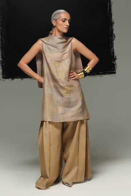 Urvashi Kaur Gray Linen Embroidery Cowl Neck Haru Top 