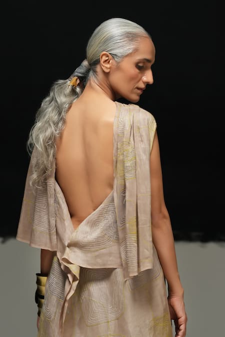 Urvashi Kaur Gray Linen Embroidery Cowl Neck Haru Top Online at Aza Fashions Urvashi Kaur_Gray Linen Embroidery Cowl Neck Haru Top _Online_at_Aza_Fashions