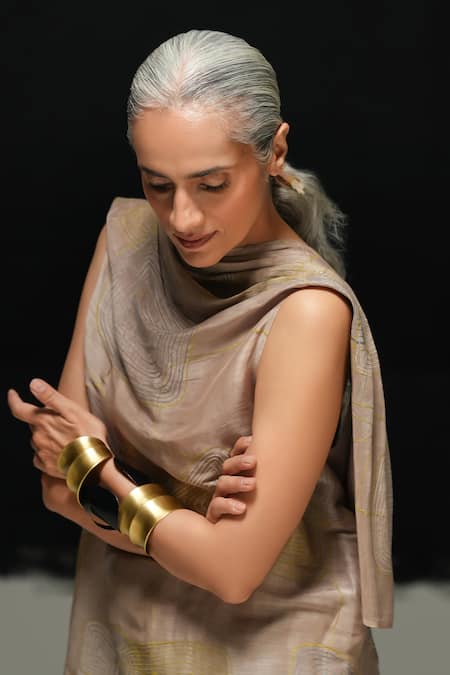 Shop Urvashi Kaur Gray Linen Embroidery Cowl Neck Haru Top Online at Aza Fashions Shop_Urvashi Kaur_Gray Linen Embroidery Cowl Neck Haru Top _Online_at_Aza_Fashions