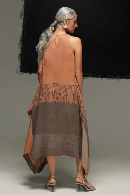 Urvashi Kaur Rust Handwoven Linen Block Printed Dress 