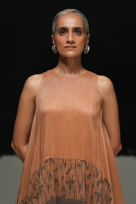 Urvashi Kaur Multi Color Linen Crew Neck Rust Handwoven Block Printed Dress Online at Aza Fashions Urvashi Kaur_Multi Color Linen Crew Neck Rust Handwoven Block Printed Dress _Online_at_Aza_Fashions