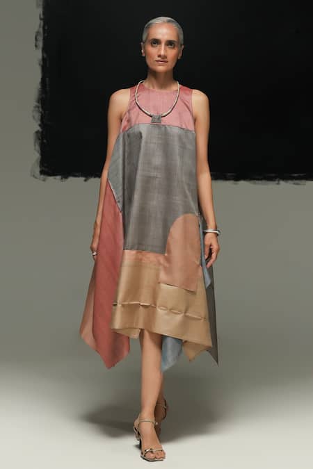 Urvashi Kaur Linen Round Neck Multicolor Handwoven Dress 