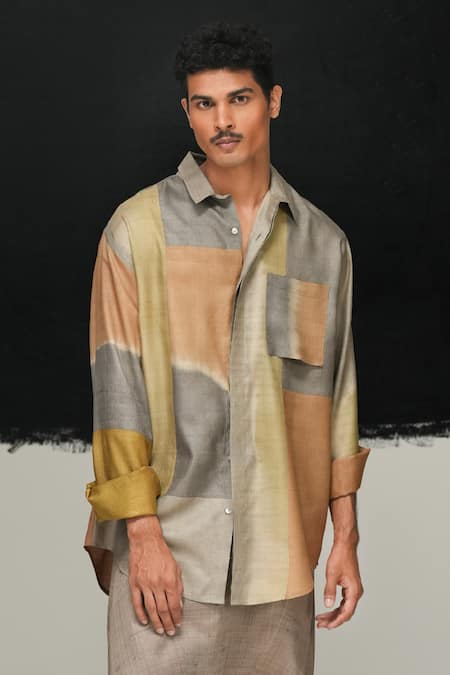 Shop Urvashi Kaur Tussar, Silk Multicolor Hand Woven Shirt Online at Aza Fashions Shop_Urvashi Kaur_Tussar, Silk Multicolor Hand Woven Shirt _Online_at_Aza_Fashions