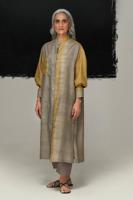 Urvashi Kaur Gray Tussar, Silk Collared Shibui Dress Online at Aza Fashions Urvashi Kaur_Gray Tussar, Silk Collared Shibui Dress _Online_at_Aza_Fashions