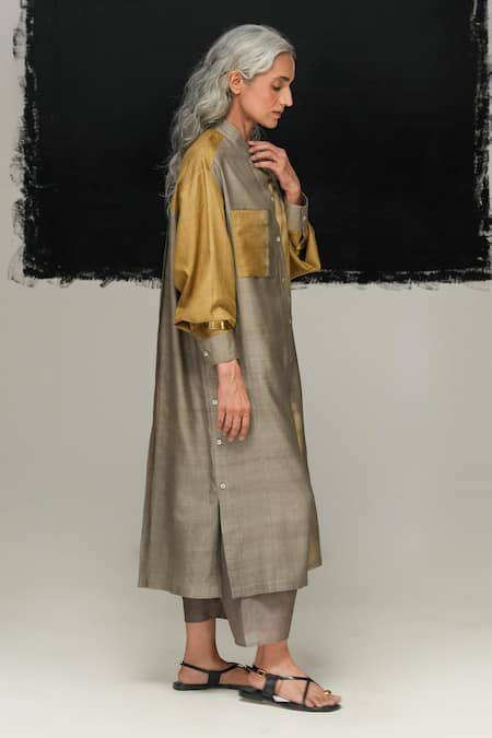 Buy Urvashi Kaur Gray Tussar, Silk Collared Shibui Dress Online at Aza Fashions Buy_Urvashi Kaur_Gray Tussar, Silk Collared Shibui Dress _Online_at_Aza_Fashions
