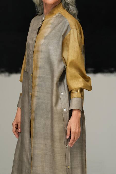 Shop Urvashi Kaur Gray Tussar, Silk Collared Shibui Dress Online at Aza Fashions Shop_Urvashi Kaur_Gray Tussar, Silk Collared Shibui Dress _Online_at_Aza_Fashions