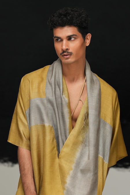 Urvashi Kaur_Yellow Tussar, Silk Kansui Hand Tie Dye Jacket _Online_at_Aza_Fashions