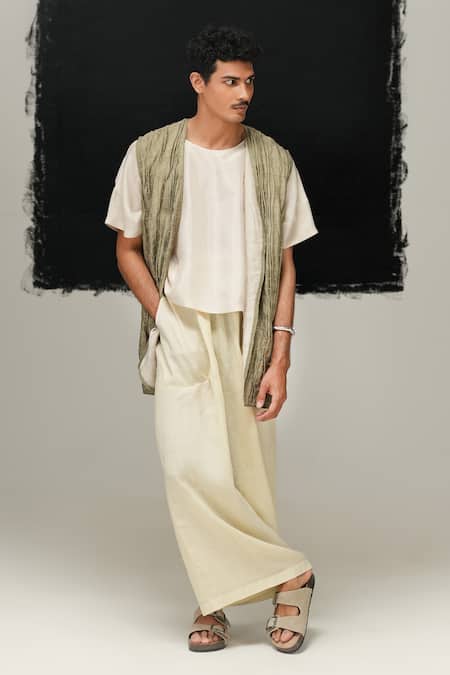 Urvashi Kaur White Silk Sage Green Mulberry Waistcoat