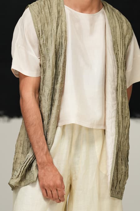 Urvashi Kaur_White Silk Sage Green Mulberry Waistcoat _Online_at_Aza_Fashions