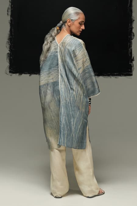 Urvashi Kaur Denim Blue Handwoven Tussar Silk Dress 