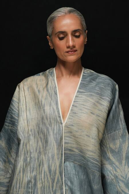 Urvashi Kaur Blue Tussar, Silk V-neck Denim Handwoven Dress Online at Aza Fashions Urvashi Kaur_Blue Tussar, Silk V-neck Denim Handwoven Dress _Online_at_Aza_Fashions