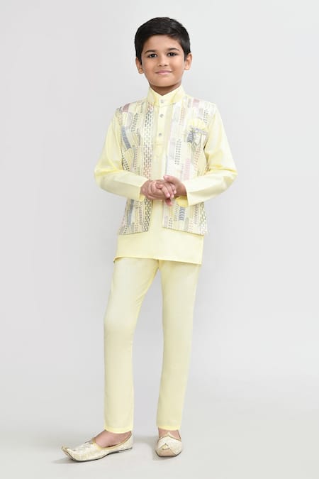 Petite Pomme Designer Yellow Kurta Pyjama Waistcoat Set 
