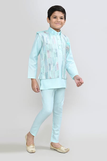 Shop_Petite Pomme_Mint Cotton Embroidery Designer Green Kurta Pyjama Waistcoat Set 