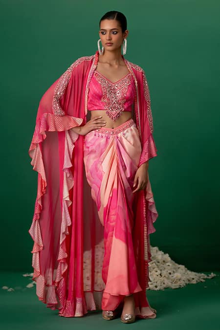 Shashank Arya Pink Modal, Satin Crystals, Pearls Round Floral Print Dhoti Blouse Cape Set 
