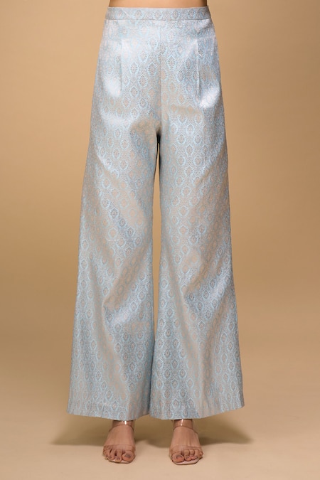 Samyukta Singhania_Blue Brocade Round Neck Ice-blue Top And Pant Set _at_Aza_Fashions