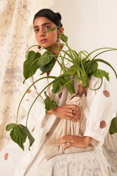 OFRIDA_White Cotton Collared Latte Polka Dress _Online_at_Aza_Fashions