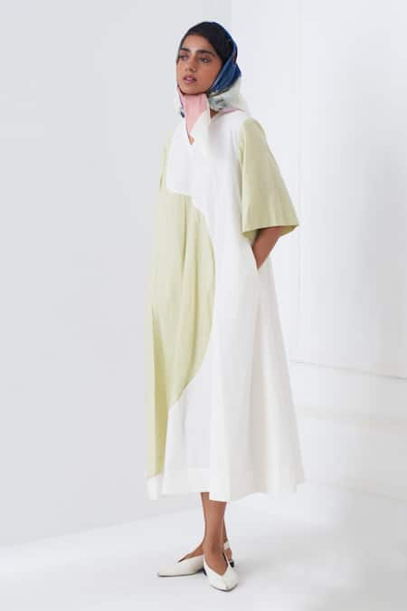 OFRIDA_White Cotton V-neck Designer Yin Aline Limon Dress _Online_at_Aza_Fashions