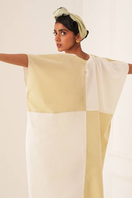 OFRIDA White Cotton V-neck Limon Color Block Kaftan Online at Aza Fashions OFRIDA_White Cotton V-neck Limon Color Block Kaftan _Online_at_Aza_Fashions