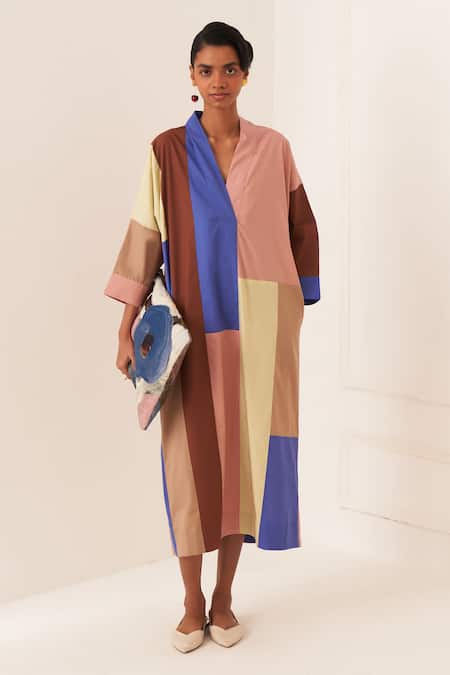 Shop_OFRIDA_Multi Color Cotton V-neck Multicolor Turin Pw Dress _Online_at_Aza_Fashions