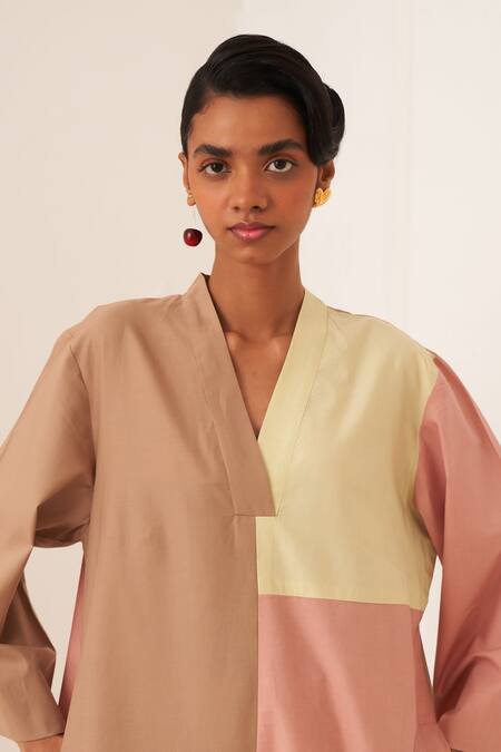 Buy_OFRIDA_Multi Color Cotton V-neck Multicolor Designer Turin Stft Kurta _Online_at_Aza_Fashions