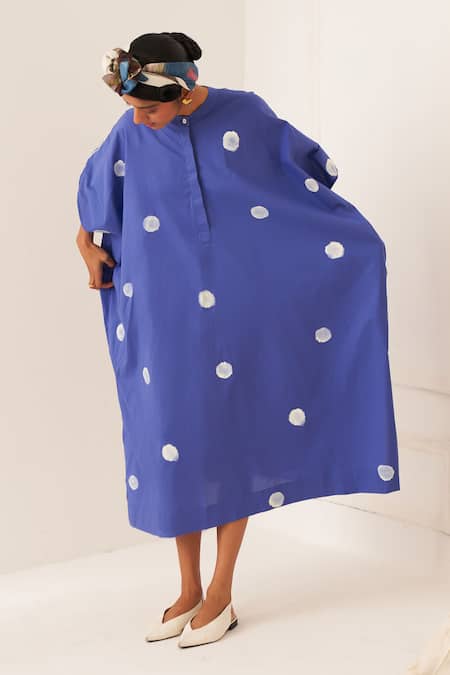 OFRIDA_Blue Cotton Round Neck Luna Rb Designer Kaftan _Online_at_Aza_Fashions