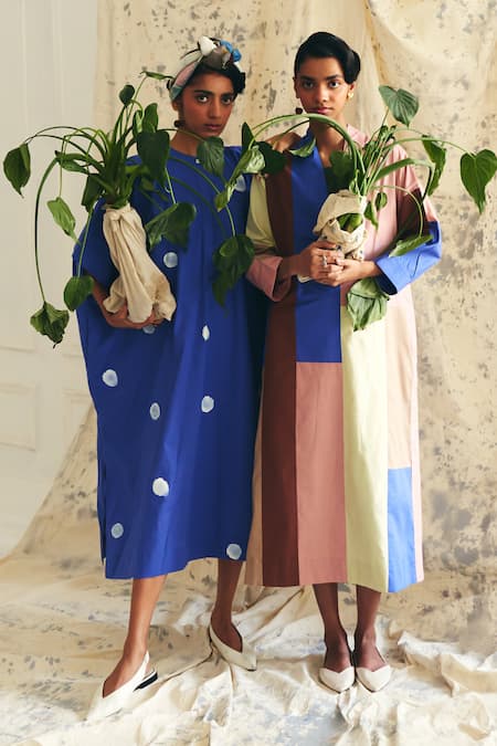 Buy_OFRIDA_Blue Cotton Round Neck Luna Rb Designer Kaftan _Online_at_Aza_Fashions