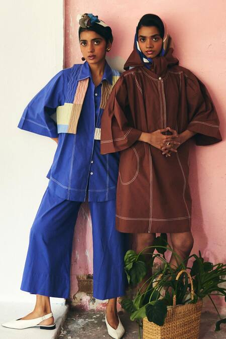 OFRIDA_Blue Cotton Patchwork Collared Royal Designer Shirt _Online_at_Aza_Fashions