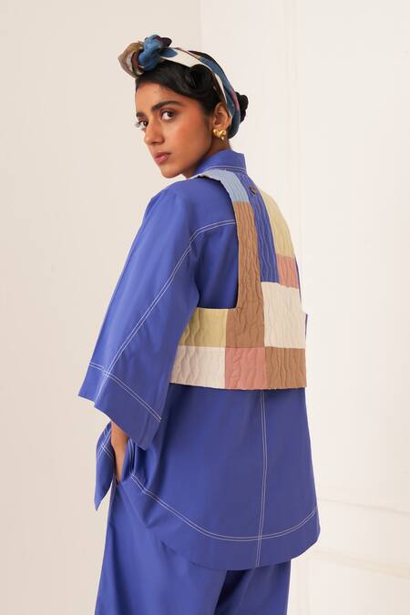 Buy_OFRIDA_Blue Cotton Patchwork Collared Royal Designer Shirt _Online_at_Aza_Fashions