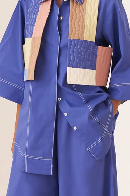 Shop_OFRIDA_Blue Cotton Patchwork Collared Royal Designer Shirt _Online_at_Aza_Fashions