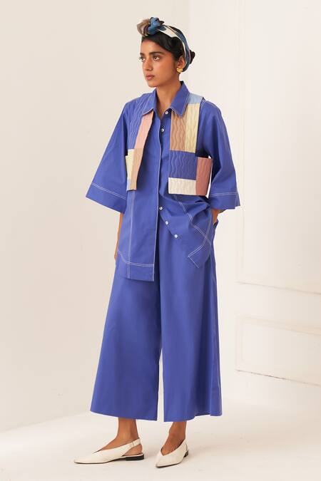 OFRIDA_Blue Cotton Patchwork Collared Royal Designer Shirt _at_Aza_Fashions