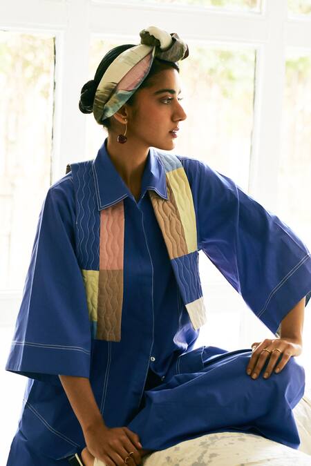 Buy_OFRIDA_Blue Cotton Patchwork Collared Royal Designer Shirt 