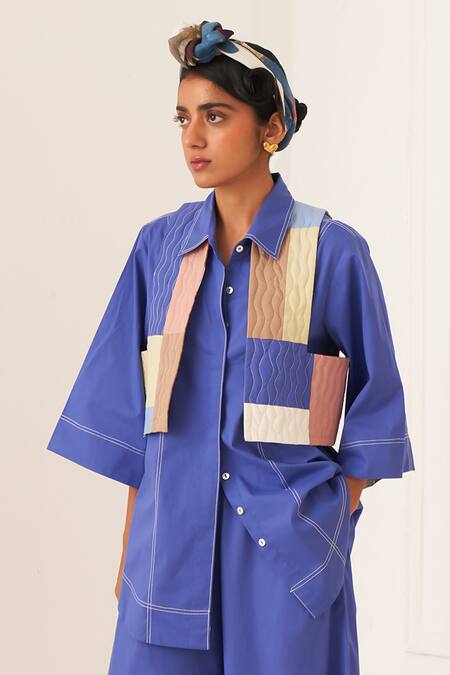 OFRIDA_Blue Cotton Embroidery Open Neck Roma Reversible Bolero Jacket _Online_at_Aza_Fashions