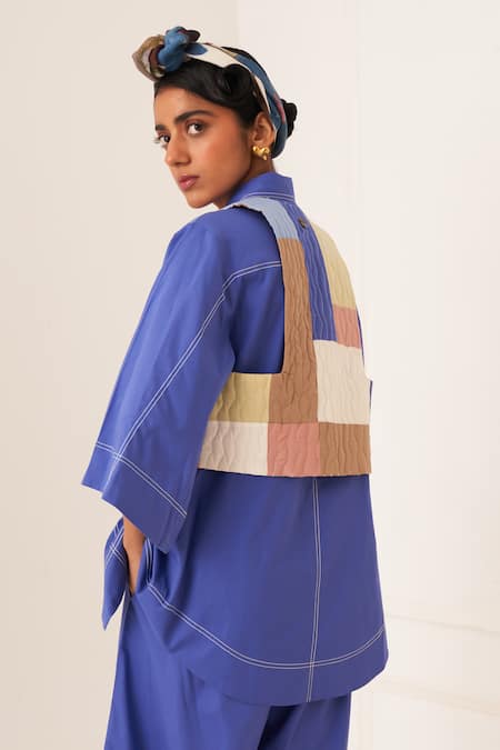 Buy_OFRIDA_Blue Cotton Embroidery Open Neck Roma Reversible Bolero Jacket _Online_at_Aza_Fashions