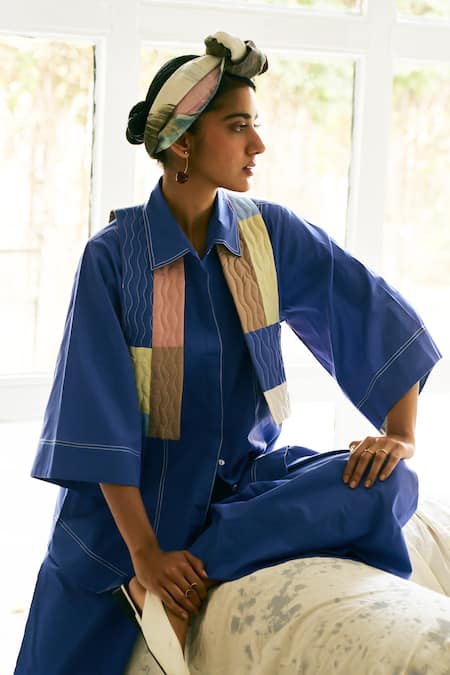 Shop_OFRIDA_Blue Cotton Embroidery Open Neck Roma Reversible Bolero Jacket _Online_at_Aza_Fashions