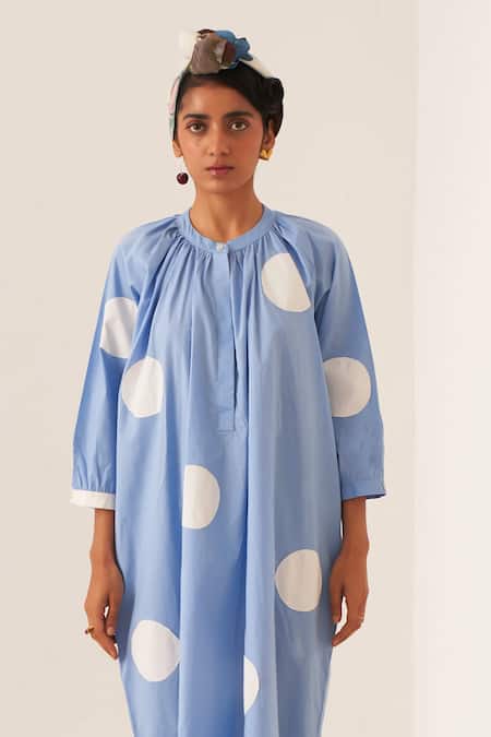 OFRIDA_Blue Cotton Round Neck Luna Applique Gathered Dress _Online_at_Aza_Fashions
