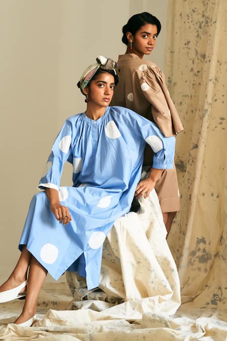 Shop_OFRIDA_Blue Cotton Round Neck Luna Applique Gathered Dress _Online_at_Aza_Fashions