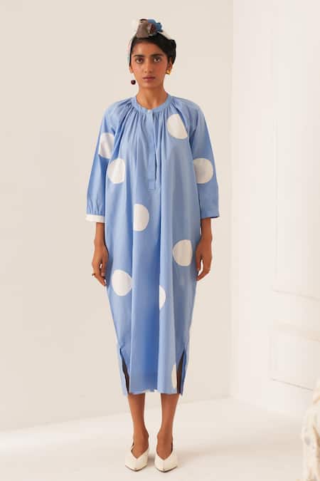 OFRIDA_Blue Cotton Round Neck Luna Applique Gathered Dress _at_Aza_Fashions