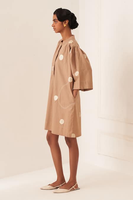 OFRIDA_Beige Cotton Round Neck Luna Latte Dress _Online_at_Aza_Fashions