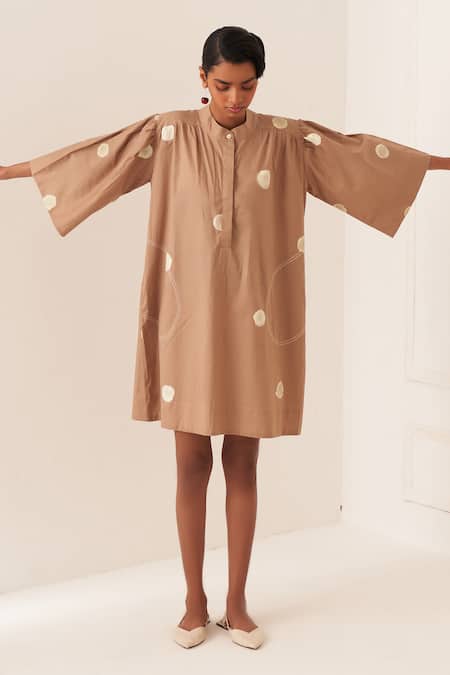 OFRIDA Beige Cotton Round Neck Luna Latte Dress