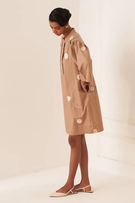 Buy_OFRIDA_Beige Cotton Round Neck Luna Latte Dress _Online_at_Aza_Fashions