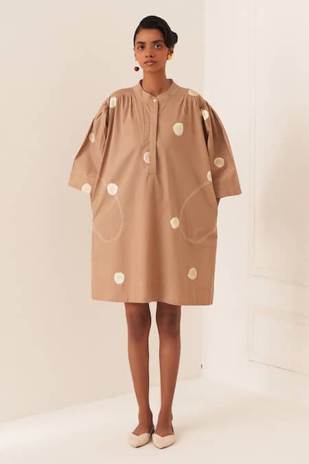 Shop_OFRIDA_Beige Cotton Round Neck Luna Latte Dress _Online_at_Aza_Fashions