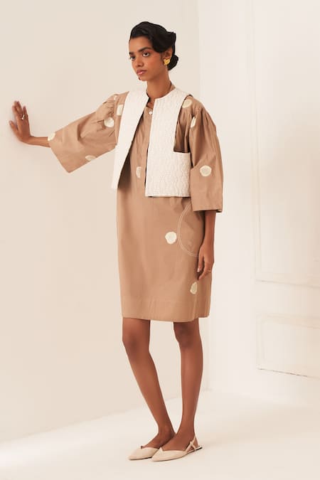 OFRIDA_Beige Cotton Round Neck Luna Latte Dress _at_Aza_Fashions