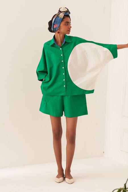 OFRIDA_Green Cotton Collared Circle Emerald Shirt _Online_at_Aza_Fashions