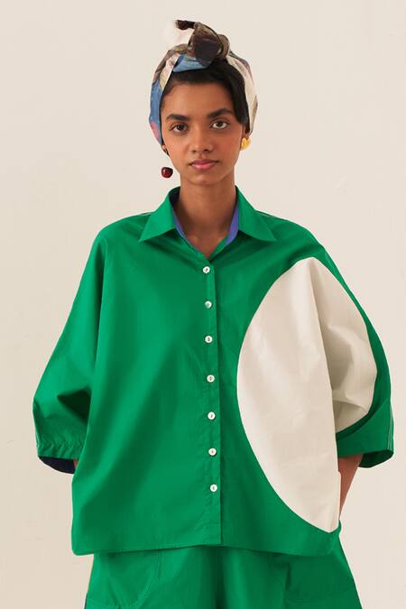 Buy_OFRIDA_Green Cotton Collared Circle Emerald Shirt _Online_at_Aza_Fashions