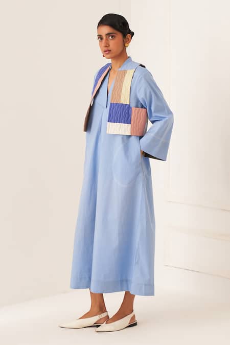 OFRIDA Blue Cotton V-neck Powder Designer Dress Online at Aza Fashions OFRIDA_Blue Cotton V-neck Powder Designer Dress _Online_at_Aza_Fashions