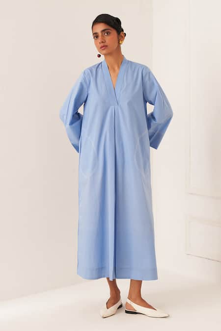 Buy OFRIDA Blue Cotton V-neck Powder Designer Dress Online at Aza Fashions Buy_OFRIDA_Blue Cotton V-neck Powder Designer Dress _Online_at_Aza_Fashions