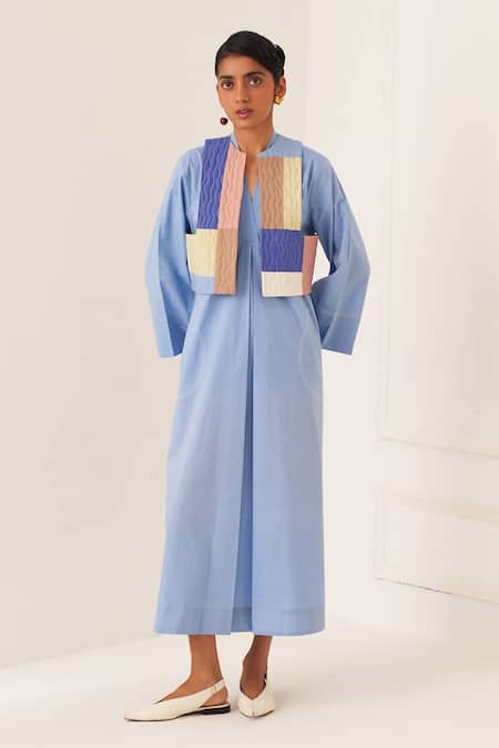 OFRIDA Blue Cotton V-neck Powder Designer Dress 