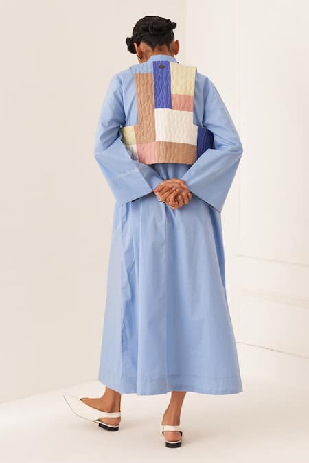 Shop OFRIDA Blue Cotton V-neck Powder Designer Dress at Aza Fashions Shop_OFRIDA_Blue Cotton V-neck Powder Designer Dress _at_Aza_Fashions