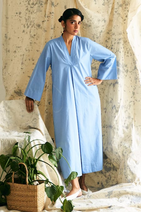 Shop OFRIDA Blue Cotton V-neck Powder Designer Dress Online at Aza Fashions Shop_OFRIDA_Blue Cotton V-neck Powder Designer Dress _Online_at_Aza_Fashions