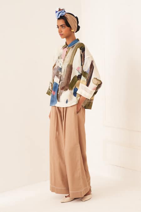 Buy_OFRIDA_Multi Color Cotton Collared Multicolor Shirt And Pant Set _Online_at_Aza_Fashions